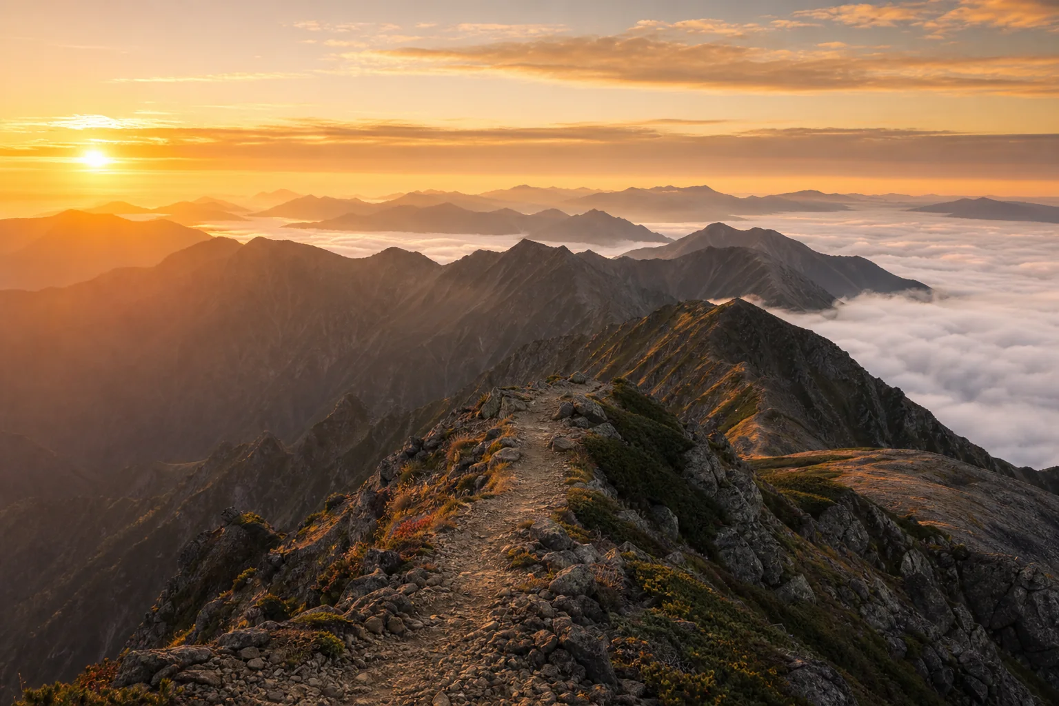 黄金の朝の縦走路。いくつもの峰が連なる山脈